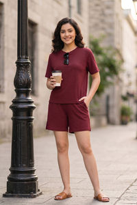 Zivame 2 Mile Fashion Knit Cotton Loungewear Set - Deep Claret — thumbnail 1